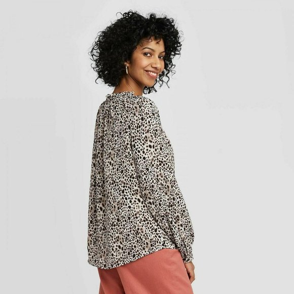 A New Day Slim Fit Leopard Print Bishop L/S Blouse - Picture 2 of 10